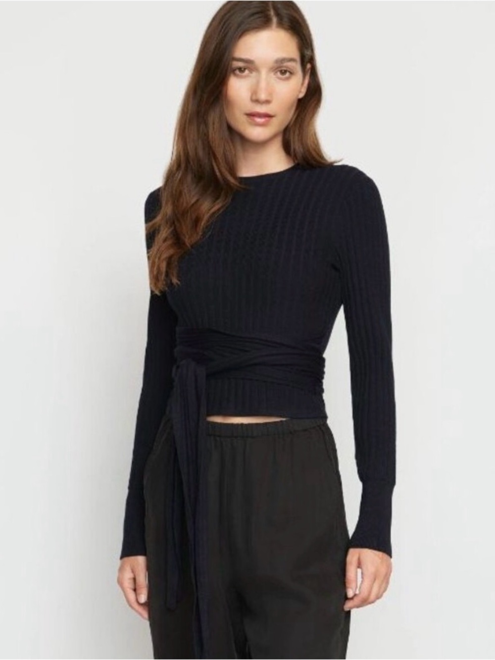 Modern Citizen Deniza Ribbed Long-Sleeve Wrap Sweater Top black XL front tie